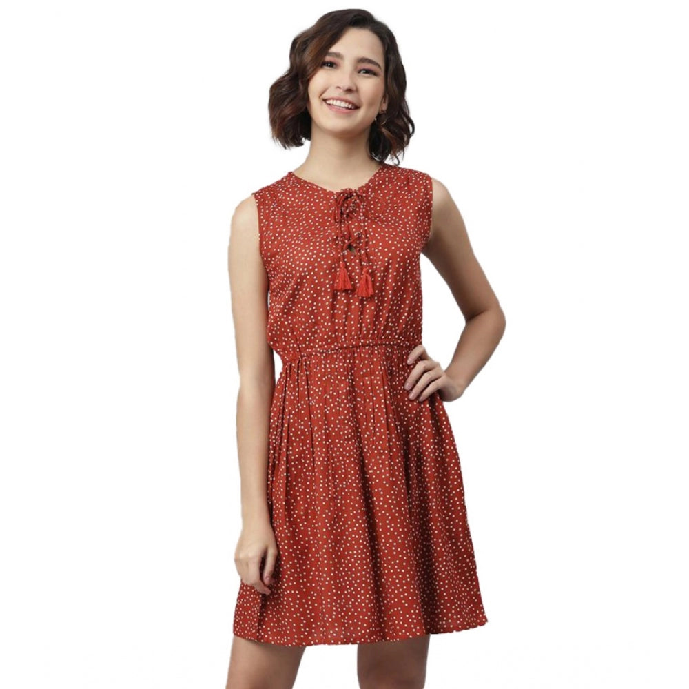 Women's Rayon Polka Sleeveless Above Knee Dress (Rust)