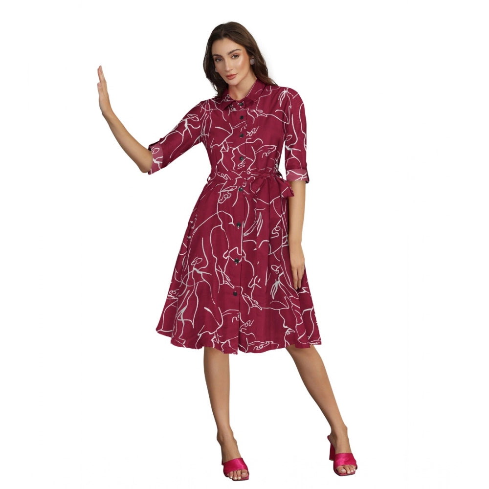 Women's Ruby Cotton Printed Shirt Collar 3-4th Sleeve Dress (Maroon)