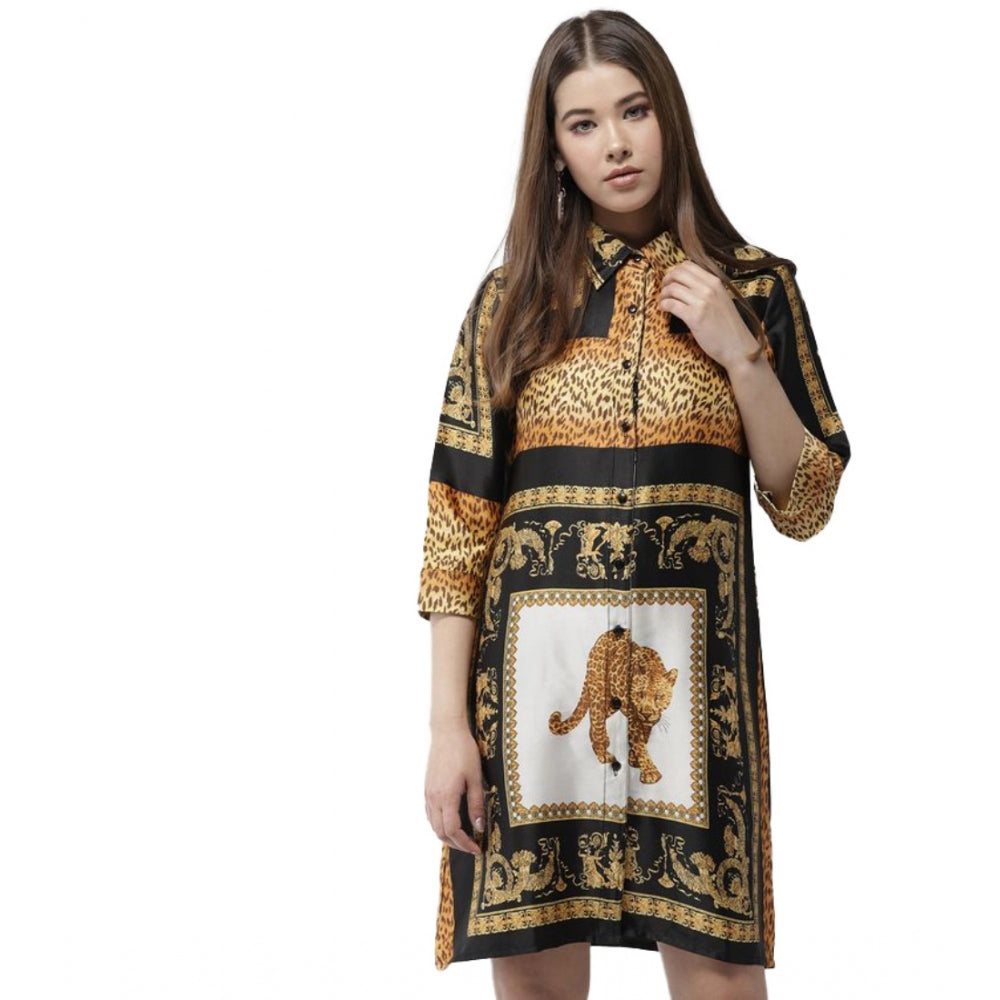 Women's Satin Animal Print 3-4th Sleeves Above Knee Dress (White - Orange)