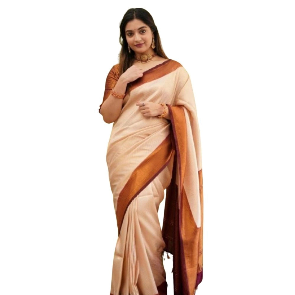 Women's Silk Printed Saree With Unstitched Blouse 5.5Mtr (Cream)