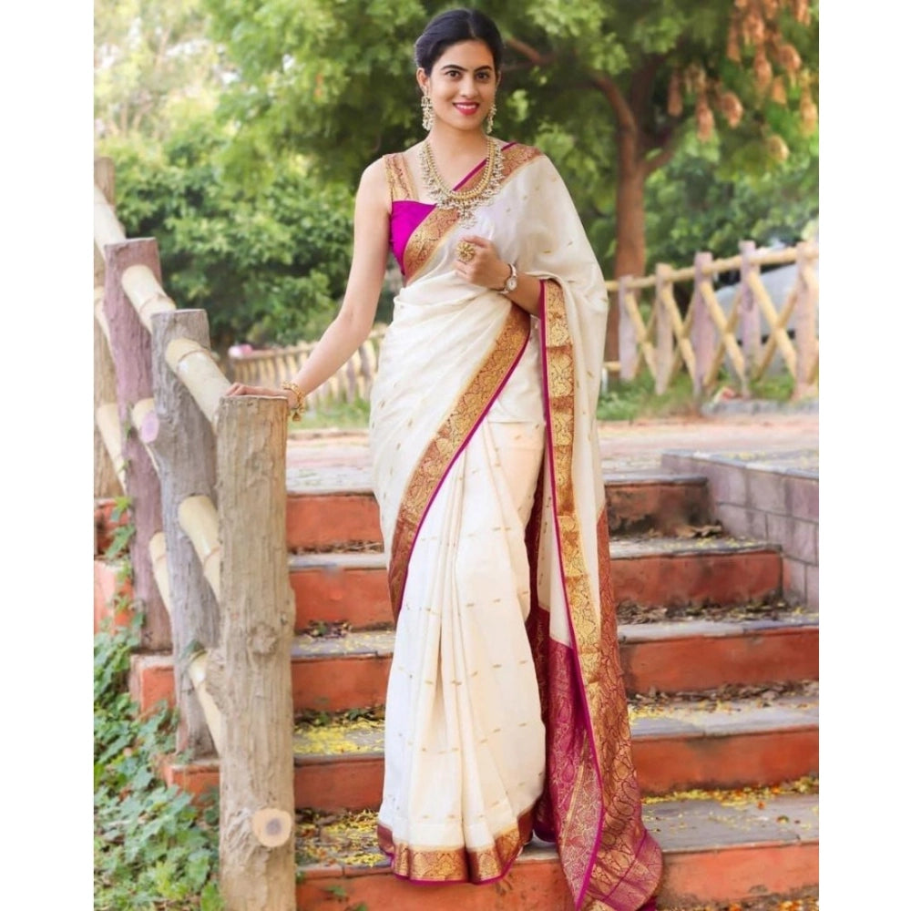 Women's Silk Printed Saree With Unstitched Blouse 5.5Mtr (White)